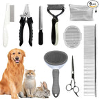 Dog Brush & Grooming Kit – 9-Piece Pet Brush & Deshedding Set for Shedding, Bathing, Trimming & Nail Care | Grooming Tools for Dogs & Cats, Includes Comb, Nail Clipper, Scissors, Slicker Brush (Gray)