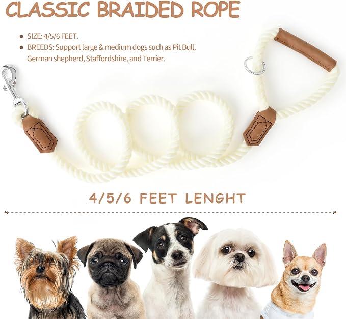 Mile High Life Dog Leash Braided Cotton Rope w/Leather-Wrapped Ends/Handle | Rust-proof 360° swivel clasp, Heavy-duty for medium/large breeds. Great for weddings, daily walks (6 FT, 1/2", White)