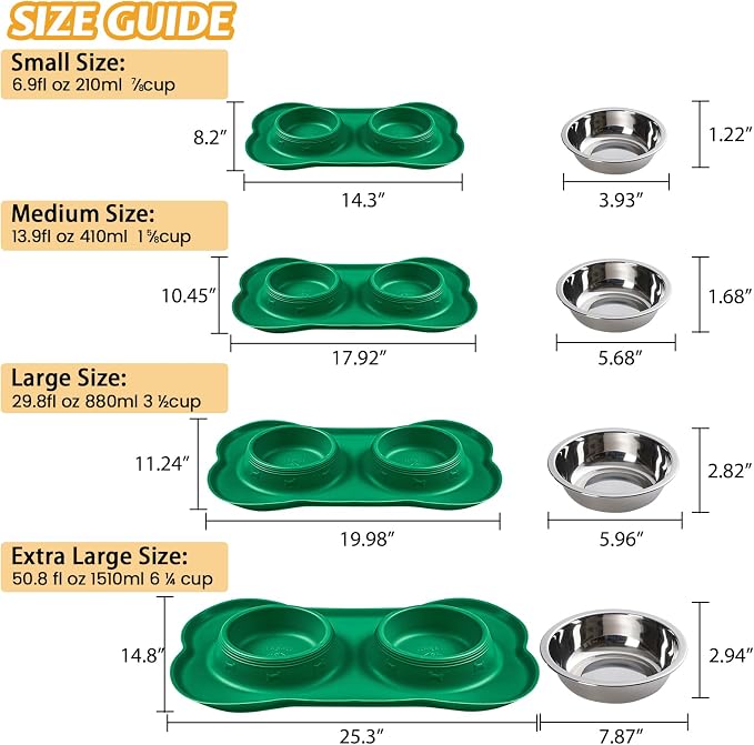 Hubulk Pet Dog Bowls 2 Stainless Steel Dog Bowl with No Spill Non-Skid Silicone Mat + Pet Food Scoop Water and Food Feeder Bowls for Feeding Small Medium Large Dogs Cats Puppies (X- L, Huntergreen)