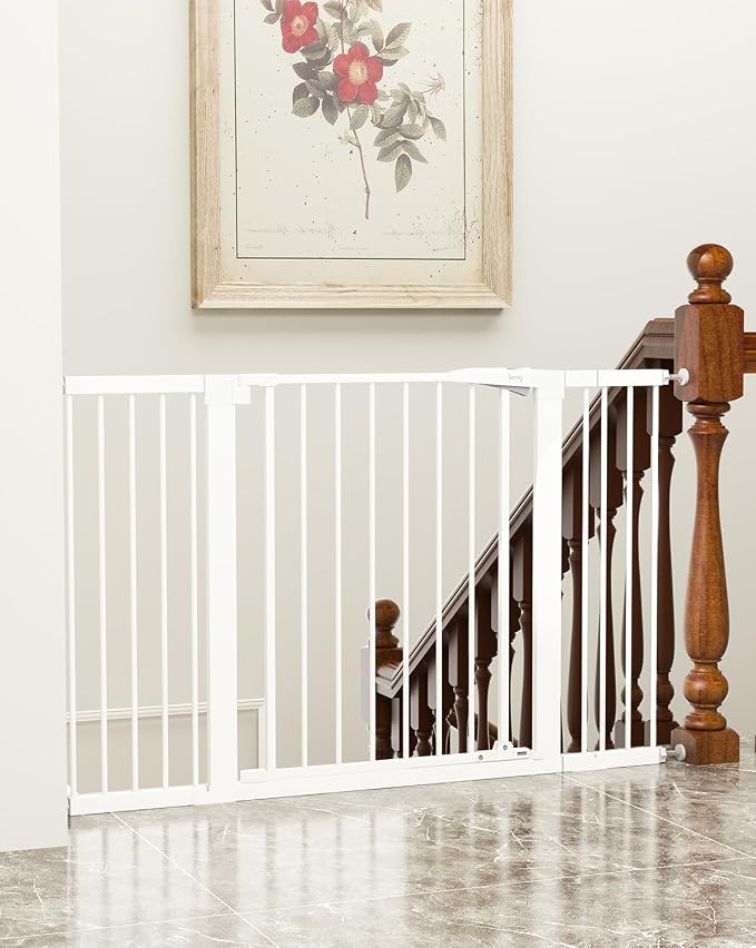 keny 29.7"-51.5" Extra Wide Baby Gate for Stairs, Easy Walk Thru Dog Gate | 21.1" Large Opening Door, Pressured Mounted No Drilling Pet Gate, 30" Tall, White