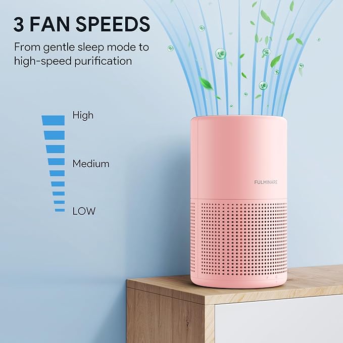 Air Purifiers for Bedroom, FULMINARE H13 True HEPA Filter (Pink) | Remove Pet Hair, Smoke, Odors，Quiet Air Cleaner With Night Light, Portable Small Air Purifier for Home, Office, Living Room