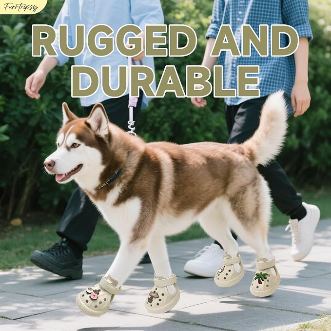 Dog Shoes,Non-Slip Waterproof Sandals for Hot Pavement, Breathable Perforated Boots,Adjustable Straps Dog Rain Booties for Summer Beach and Rainy Day(Beige,#6)
