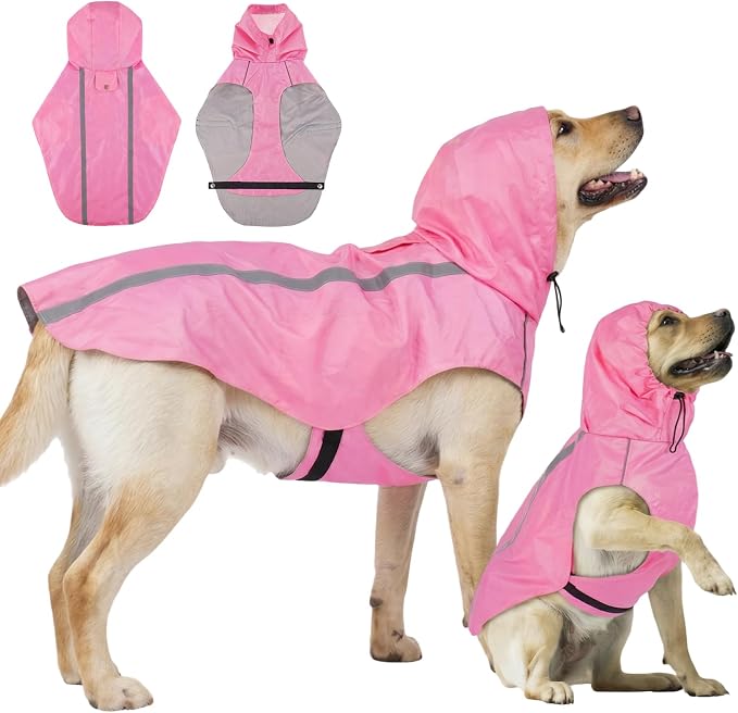 Pink Dog Raincoat with Reflective Strip Hoodie, Waterproof Poncho，L | Reflective Safety Trim, Waterproof & Breathable, Adjustable Hood, Leash-Friendly Access Hole, Easy On & Off Design