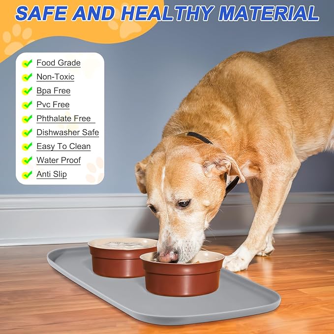 SMILOOL Silicone Pet Food Mat with Raised Edge for Food and Water Bowl, Dog Feeding Mats, Cat Food Trays for Floor Waterproof, Rubber Tray for Dogs and Cats, 22 x 14 x 0.8 Light Gray
