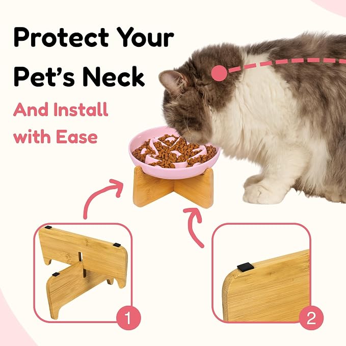 Slow Feeder Cat Bowl with Stand, Melamine Elevated Cat Food Bowl, Whisker Friendly Raised Puzzle Feeder for Cats & Small Dogs, Wet & Dry Food, Dishwasher Safe, Non-Slip (Pink)