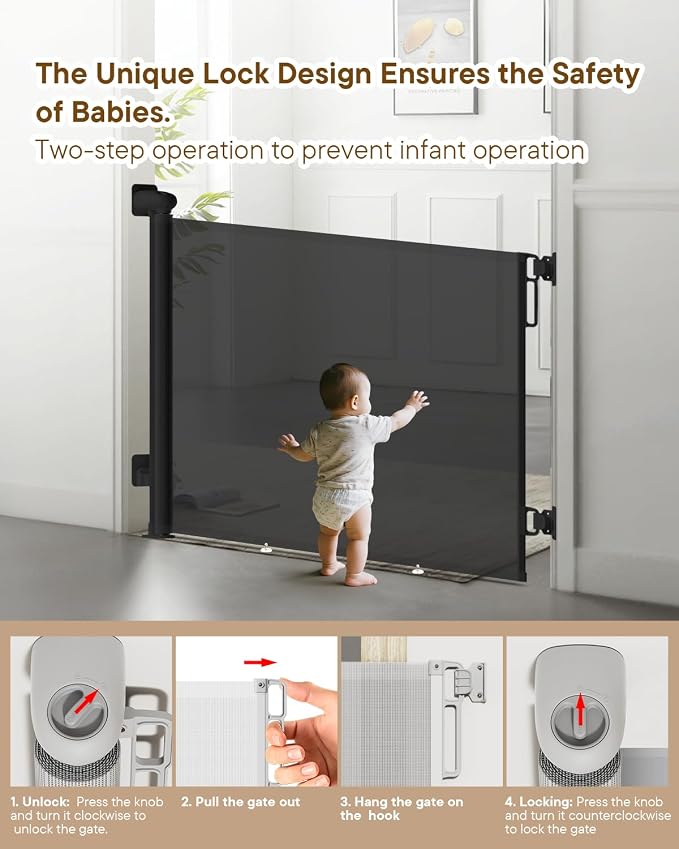 Extra Wide Baby Gate - 71 inch Retractable Mesh Gates for Large Opening, Extra Long Mesh Gate for Babies, Dogs, Baby Gate Anti-Crawling Hook for Stairs Hallways Doorway Indoor Outdoor, Black | Extra Long Mesh Baby & Pet Gate with Anti-Crawling Hook, Sa...