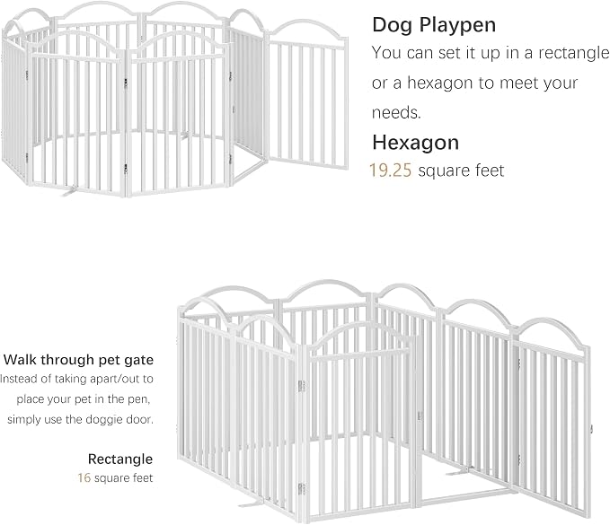 BHG Metal No-Assembly Freestanding Dog Gate with Door Walk Through, Extra Wide 96", Extra Tall 32" Pet Gate, Accordion Puppy Folding Playpen Dog Fence, with 4PCS Support (White, 8 Panels)