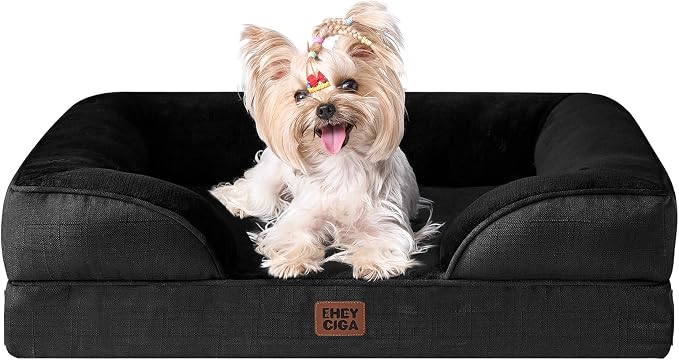 EHEYCIGA Orthopedic Dog Bed for Small Dogs, Waterproof Memory Foam Small Dog Beds with Sides, Non-Slip Bottom and Egg-Crate Foam Medium Pet Couch Bed with Washable Removable Cover, Black