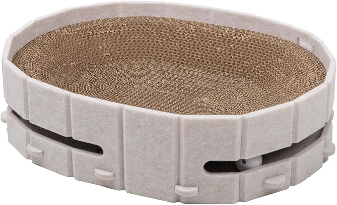 Interactive Cat Scratcher Lounge Bed Heavy Duty Corrugated Cardboard Cat Scratching Pad Bowl with Built-in Track & 2 Bell Balls for Indoor Cats Claw Care and Rest Cat Scratching Bowl, Beige