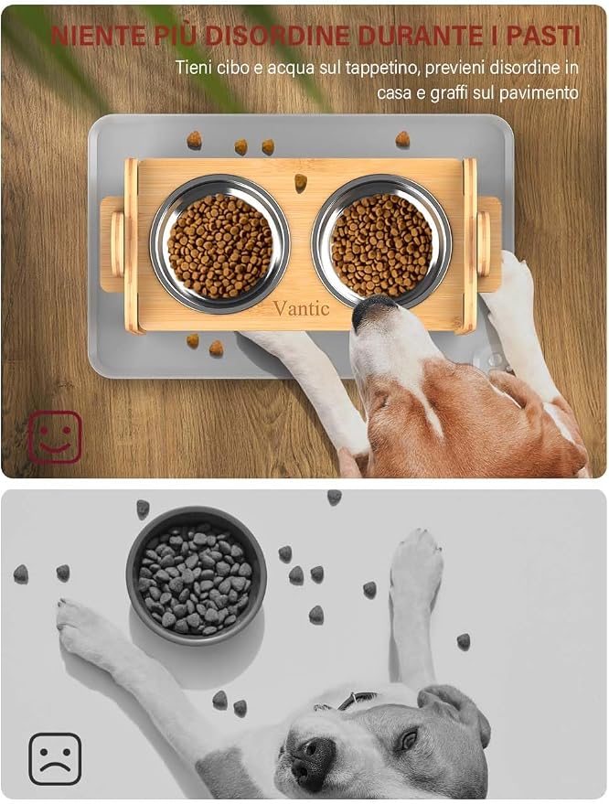 Vantic Elevated Dog Bowls with Mat, Adjustable Bowl Stand Small, Natural | Bamboo Raised Feeder with Mat and 2 Stainless Steel Bowls, Adjustable Height for Small Puppies and Cats