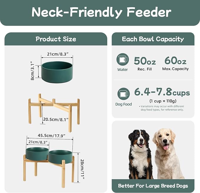 Havniva Dog Bowls Elevated, Ceramic Dog Food and Water Bowl Set | 8.3” Raised Dog Food Bowl, Elevated Dog Bowls with Bamboo Stand, Non-Slip Dog Water Bowl for Large Dog, Large Capacity