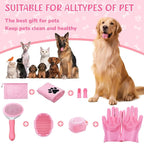 Dog Grooming Kit for Shedding – 8-Piece Pet Grooming Supplies with Deshedding Brush, Bath Gloves, Towels & Silicone Toothbrush | Ideal for Dogs, Cats, Small and Large Pets (Pink)