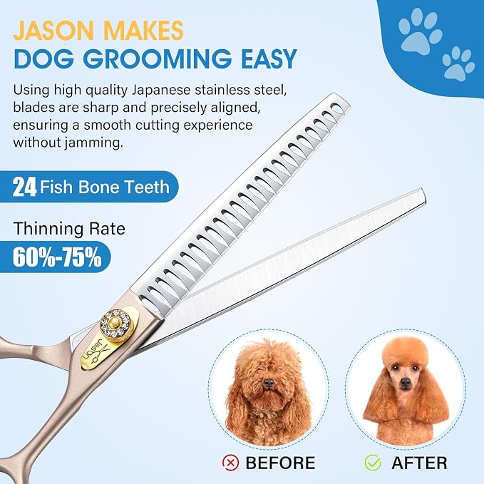 JASON Dog Grooming Chunker Scissors - 7.5" Professional Thinning Shears | 24 Fishbone Teeth Japanese 440C Stainless Steel Hair Scissor with Diamond Screw for Dogs, Cats and Other Pets