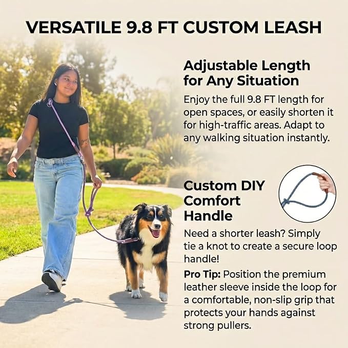 Hands Free Multifunctional Dog Leash for 1 or 2 Dogs, 9.8 ft, Opera Mauve | Waist, crossbody, or handheld lead with leather handle to walk run hike train. Double attachments for 2 dogs up to 125lbs.