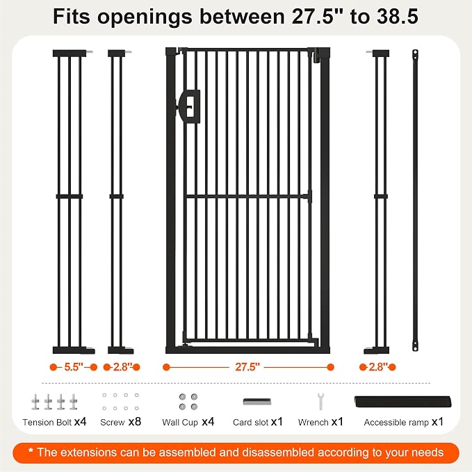 Jekriuet 57" Extra Tall Pet Gate, 27.5"-38.5" Wide, Black | Dog Cat Gate for Doorways Hallways Stairs,Pressure Mounted 1.18" Ultra Narrow Gap No Drilling One-Handed Auto-Close