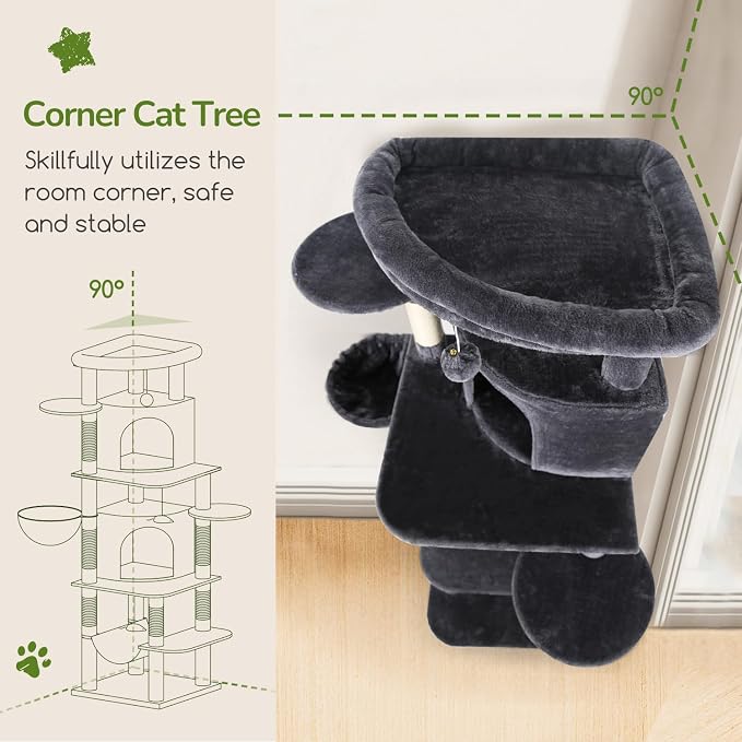 Globlazer Corner Cat Tree for Large Cats, 66inch Tall Curved Series Large Cat Tower for Multiple Indoor Cats with 6 Scratching Posts, 2 Spacious Cat Condos, Hammock, Hanging Basket, C66, Dark Grey