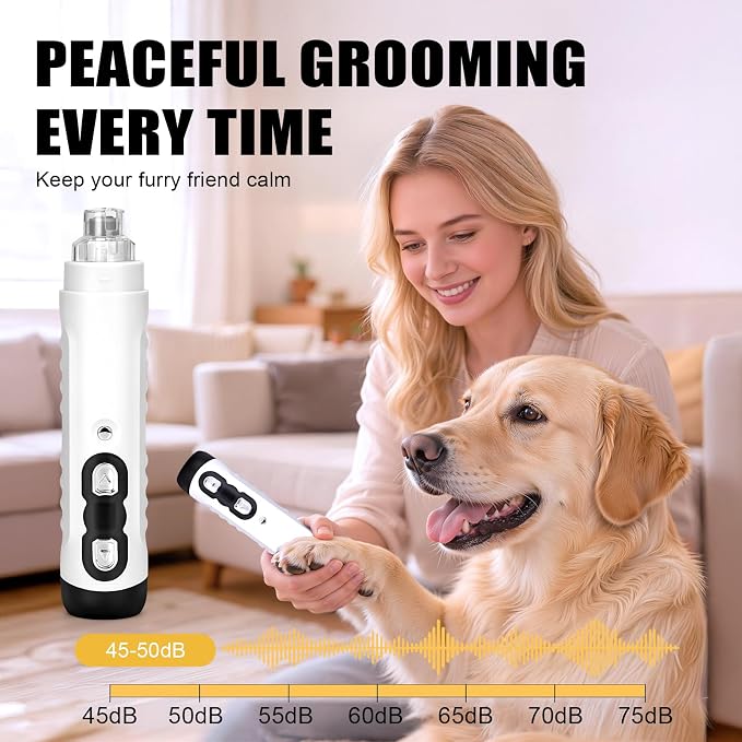 Quiet Dog Nail Grinder, 9-Speed Electric Pet Nail Trimmer with LED | Low noise, Safety sensor guard, 2 LED lights, USB rechargeable, Professional grooming, Sensitive paws, Dogs cats all breeds