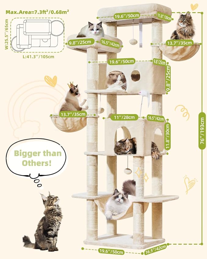 Taoqimiao 76in Cat Tree, Tall Sturdy Cat Tower for Large Indoor Cats MS046M | Easy assembly, Sturdy, Multi Level, Easy Clean, Cozy Condo, Perches, Baskets, Suitable for Kittens and Adult Cats