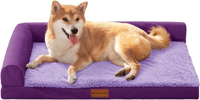 Patas Lague Orthopedic Large Dog Bed Pet Sofa Beds 36''X24'' Purple | L Bolster Egg-Crate Foam Dog Couch For Large Sized Dogs, Waterproof Removable Washable Cover, Pet Mat with Nonskid Bottom