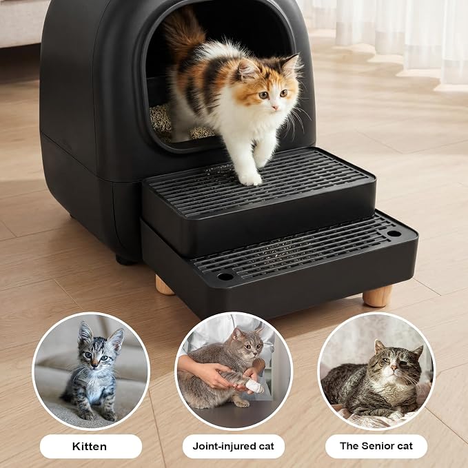 Adjustable Litter Box Step, Cat Litter Box Ramp/Catcher with Wooden Feet | 2 Steps,Fits Automatic Litter Box Steps, Filter Function, Anti-Tracking, Easy to Clean, For Small & Elderly Cats