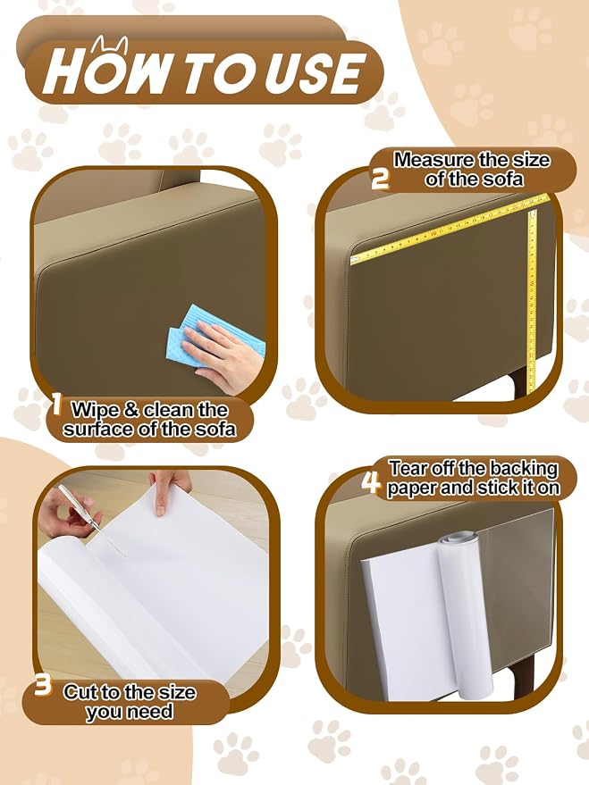 Acostop 12"x136" Cuttable Cat Scratch Furniture Protector for Leather Couch | Transparent Easy to Remove Anti-Scratch Couch Protector from Cat, No Pins