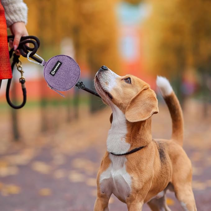 Dog Poop Bag Holder for Leashes- Dog Treat Pouch with Waterproof Zipper,Puppy Training Small Bag with Carabiner & Bungee Toggle,Two Pockets for Dry or Wet Treats-Pet Travel Walking Essentials (Purple)