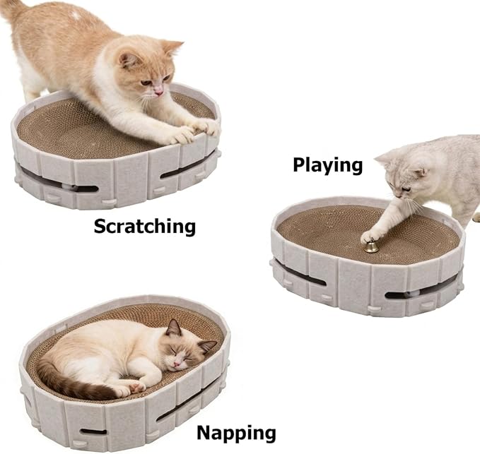 Interactive Cat Scratcher Lounge Bed Heavy Duty Corrugated Cardboard Cat Scratching Pad Bowl with Built-in Track & 2 Bell Balls for Indoor Cats Claw Care and Rest Cat Scratching Bowl, Beige