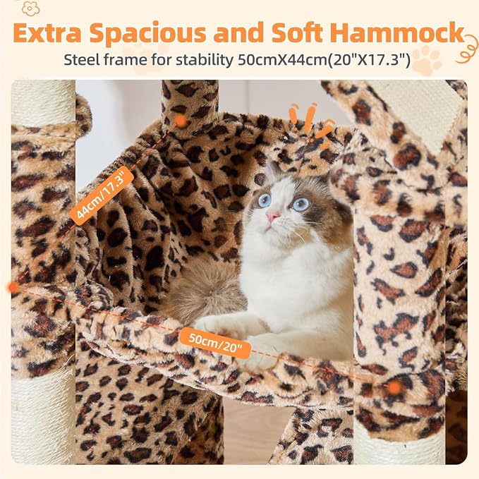 Taoqimiao Cat Tree, 71 in Extra Large Cat Tower for Inddor Cats, MS026LBW | 2 Large Cat Condos, 2 Cute Perches, Metal Frame Cozy Hammock, Durable Scratch Board, 8 Natural Sisal Posts, Basket, Leopard