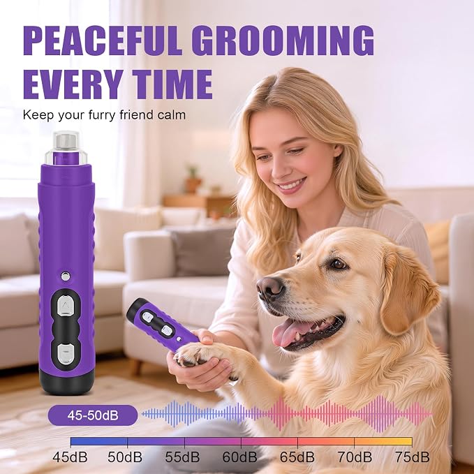 Quiet Dog Nail Grinder, 9-Speed Electric Pet Nail Trimmer with LED | Low noise, Safety sensor guard, 2 LED lights, USB rechargeable, Professional grooming, Sensitive paws, Dogs cats all breeds