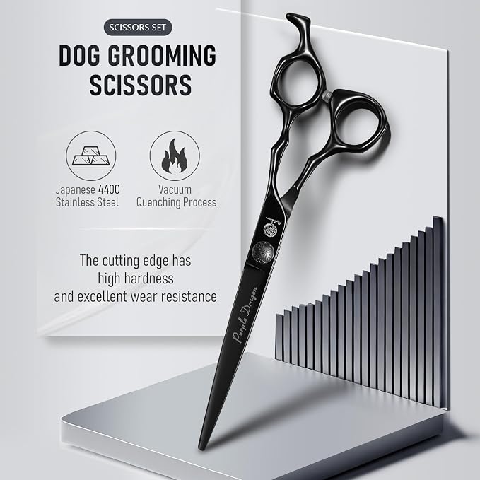 Purple Dragon Dog Grooming Scissors Set - Thinning, Straight, Up & Down | Stainless Steel, 7 Inch Black Shears, with Adjustable Screw, for Dogs and Cats