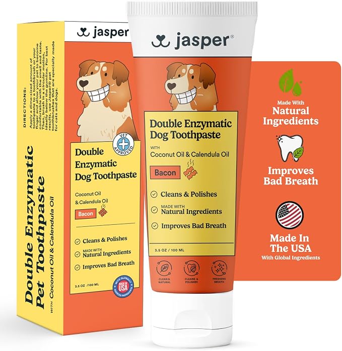 Jasper Dog Toothpaste Double Enzymatic, Bacon Flavor 3.5oz | Vet Approved Pet Tooth Paste with Natural Ingredients, Freshens Breath, Whitens Teeth, Plaque and Tartar Remover for Teeth