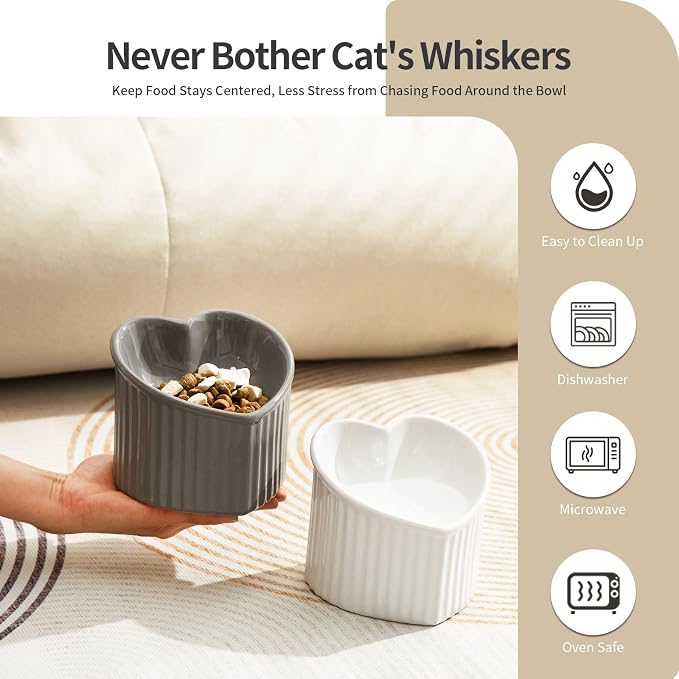 5.5 in Ceramic Raised Tilted Cat Food Bowls 2 Pack | Elevated, Love Heart Shape, Slanted, Stress Free, Feeding Dishes, Protect Pet's Spine, Reduce Neck Burden, White&Grey