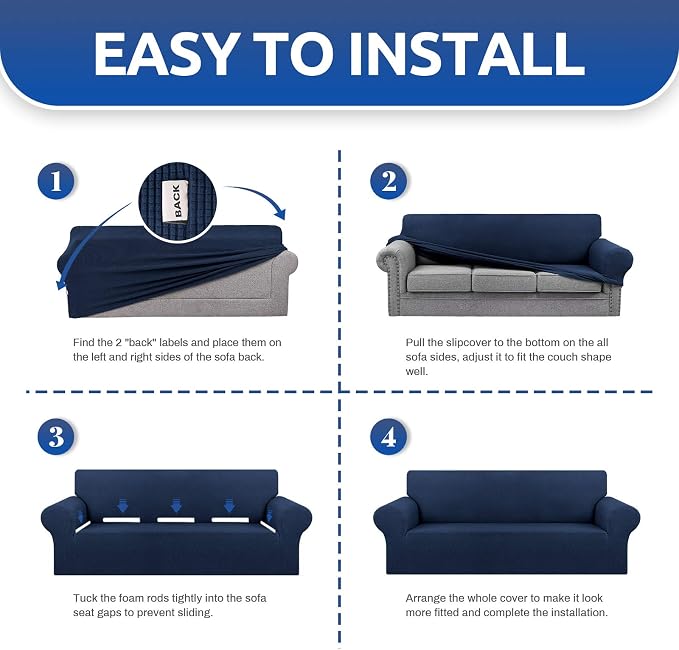 Stretch Oversized Couch Covers for Sofa Slipcover,Navy Blue | 1-Piece Washable Sofa Cover (94"-110") 4-Seater Furniture Protector, Soft Jacquard Non-Slip Elastic Bottom for Dogs & Kids