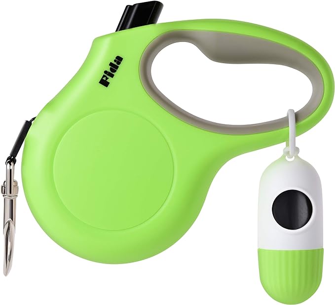 Fida Retractable Dog Leash with Dispenser and Poop Bags, 10 ft Pet Walking Leash for X-Small Dog or Cat up to 18 lbs, Anti-Slip Handle, Tangle Free, Reflective Nylon Tape (XS, Green)