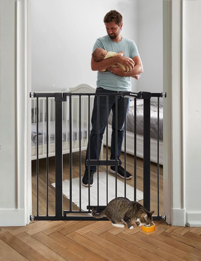 Babelio 36 Inch Extra Tall Baby Gate with Cat Door, 29.5-40" Metal Pet Door for Stairs, Doorways, House, Auto Close, Easy Walk Thru, Black | 6-Level Adjustable Metal Pet Gate, Auto-Close Safety Gates with Pet Door, Easy Walk Thru, Black
