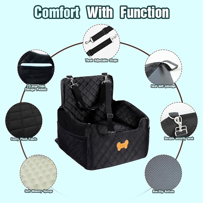 Dog Car Seat for Small Dogs, Dog Booster Seat Filling in Thick Memory Foam with 2 Safety Leashes and Storage Pocket, Suitable for Pet Under 30lb or 2 Puppies (Black)