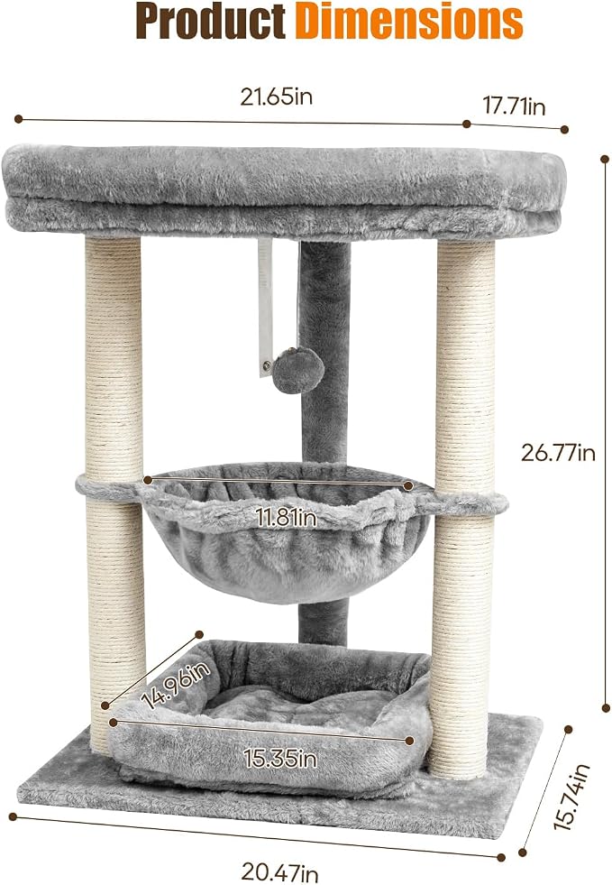 SYANDLVY Small Cat Tree for Indoor Cats with Top Perch Hammock & Bottom Bed | Natural Sisal Scratching Post Tower with Hanging Bell Ball & Anti-Tip Strap, Stable Indoor Cat Furniture, Grey