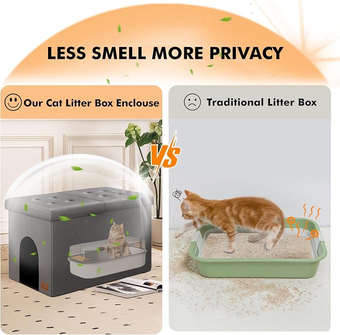 Cat Litter Box Enclosure Furniture for Odor Control,Hidden Cabinet Cat | Litter Box Furniture Ottoman With Flip-Up Lid,Cats Litter Box Bench With Storage Space，Dog Proof (Gray-Faux Leather,X-Large)