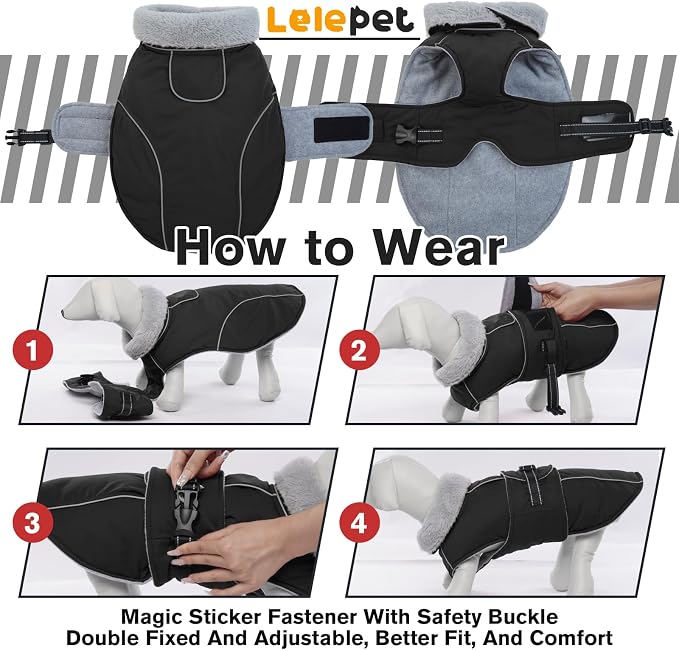 Lelepet Warm Dog Coat Adjustable Dog Fleece Vest Waterproof Jacket for Dogs | Windproof Winter Cold Weather Coats with Adjustable Buckle & Leash Hole Reflective Snow Jackets for Dogs, Black, M
