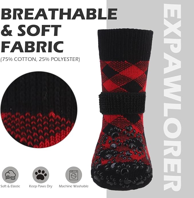EXPAWLORER Dog Socks for Summer Hot Pavement to Prevent Licking Paws, Anti Slip Doggie Booties Grippy Shoes for Hardwood Floors, Boots & Paw Protectors for Small Medium Large Senior Dogs Red Black L