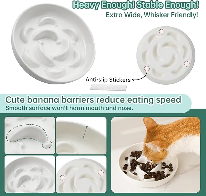 Ceramic Slow Feeder Cat Bowl, 6.3'' Wide Whisker Friendly Cat Puzzle Feeder | Slow Eating 5x, Anti Vomit Shallow Slow Eating Cat Dish for Dry and Wet Food, Microwave and Dishwasher Safe, 6.3" X 1.2"