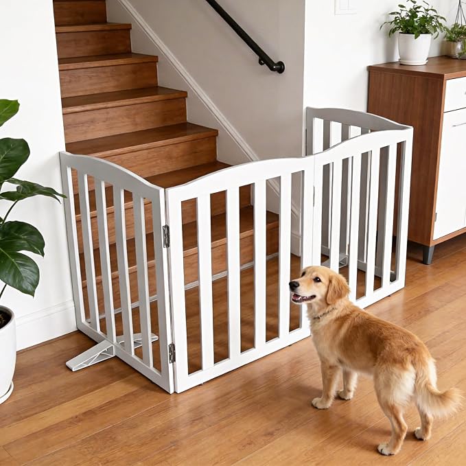ZJSF Foldable Freestanding Indoor Dog Gate for House Wood White Long Pet Gates Dog Fence for Stairs Puppy Gates for Hallways,Pet Fence, Puppy Gate,Support Feet Included 24 "Height-6 Panels