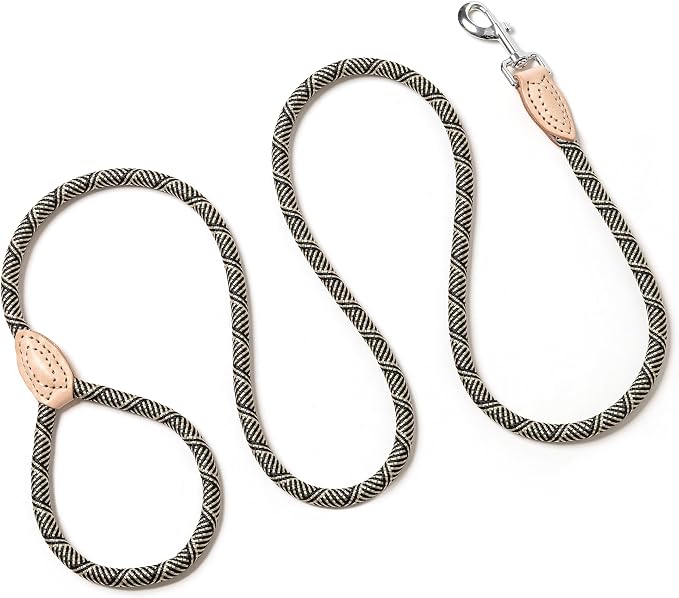 Mile High Life Dog Leash with Genuine Leather Connection, 4/5/6 FT | Rope Leash, Heavy Duty 360° Swivel Metal Clasp, for Small Medium & Large Dogs Walking (White, 48 Inch-1/2)