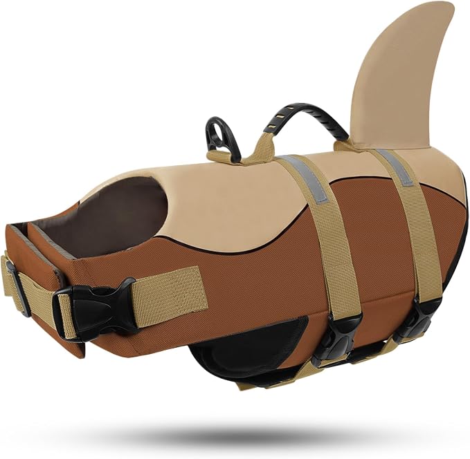 ASENKU Dog Life Jacket - Pet Safety Vest for Swimming & Boating, Shark Life Jacket with Floatation, Dog Lifesavers Swimsuits for Small Medium Large Dogs (Brown, XS)