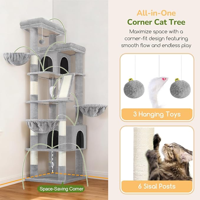 Globlazer Extra Large Cat Tree Tower 80in XXL Tall Cat Tree for Multiple Indoor Cats Large Adult Kittens with Scratching Posts, 2 Widened Perches, Adjustable Baskets, 2 Cozy Condos, S80G, Light Grey