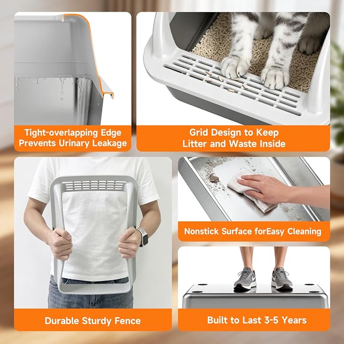 Stainless Steel Cat Litter Box with Scoop, Metal Litter Pan, Medium | High Sides Prevent Scatter & Urine Splashes; Angled Anti-Tracking Step; Non-Porous Odor-Free Base; Easy Low Front Entry