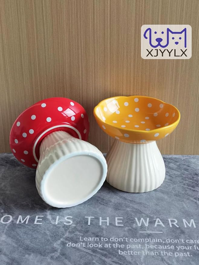 Mushroom Elevated Cat Bowls Ceramic, Cute Cat Bowls Whisker Fatigue | Raised Cat Bowl for Indoor Cats, Raised Dog Bowls Stand for Food and Water, Red+Yellow 6" Wide for Adult Cats