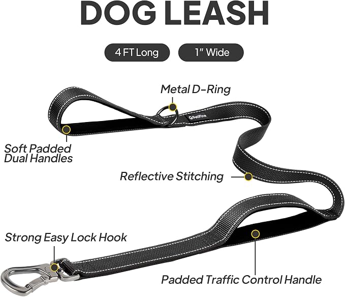 PetiFine 4FT Heavy Duty Dog Leash with Soft Padded Double Handle | Traffic Handle Extra Control,Auto Lock Hook,Reflective Nylon Walking Lead for Large,Medium,Small Breed Dogs