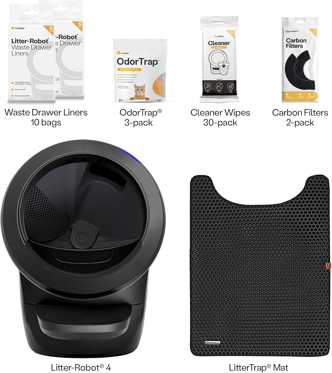 Litter-Robot 4 Supply & Accessory Bundle by Whisker, Black - Automatic | Automatic Self-Cleaning Cat Litter Box, Includes Mat, 3 OdorTrap Packs, 10 Liners, 30 Wipes, & 2 Carbon Filters