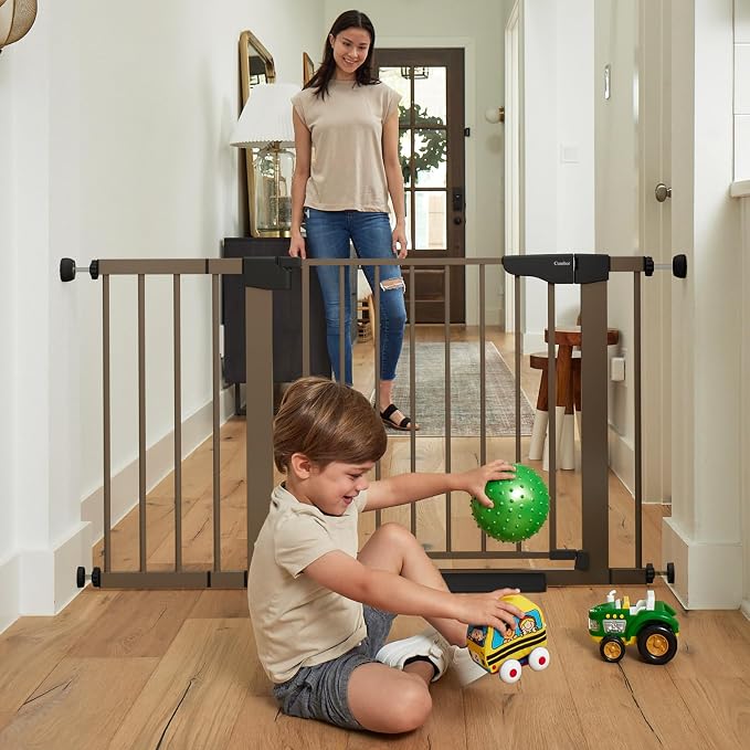 Cumbor 30-46" Baby Gate for Stairs, Mom's Choice Awards Winner-Auto Close Dog Gate for the House, Easy Install Pressure Mounted Pet Gates for Doorways, Easy Walk Thru Wide Safety Gate for Dog, Brown